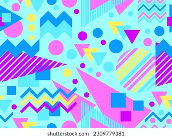 Patrón sin fisuras con formas geométricas en el estilo de los años 80. Patrón geométrico colorido. Diseño de productos promocionales, papel envolvente e impresión. Ilustración del vector