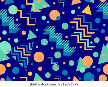 Memphis seamless pattern with geometric shapes in 80s style. Colorful geometric pattern. Design of promotional products, wrapping paper and printing. Vector illustration