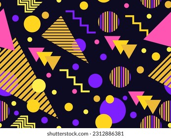 Patrón sin fisuras con formas geométricas en el estilo de los años 80. Formas geométricas multicolores sobre negro. Diseño de productos promocionales, papel envolvente e impresión. Ilustración del vector