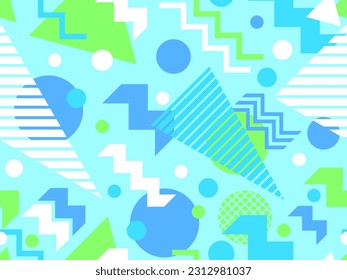 Memphis seamless pattern with geometric shapes in 80s style. Multicolored geometric shapes. Design of promotional products, wrapping paper, covers and printing. Vector illustration