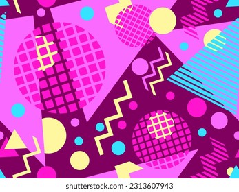 Patrón sin fisuras con formas geométricas en el estilo de los años 80. Formas geométricas multicolores. Diseño de productos promocionales, papel envolvente, cubiertas e impresión. Ilustración del vector