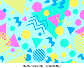 Patrón sin fisuras con formas geométricas en el estilo de los años 80. Formas geométricas multicolores. Diseño de productos promocionales, papel envolvente, cubiertas e impresión. Ilustración del vector