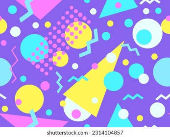 Memphis seamless pattern with geometric shapes in 80s style. Multicolored geometric shapes. Design of promotional products, wrapping paper, covers and printing. Vector illustration