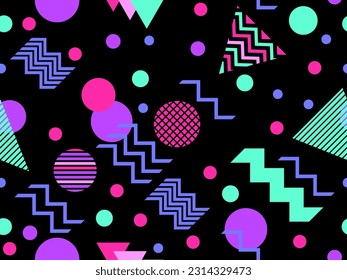 Memphis seamless pattern with geometric shapes in 80s style. Multicolored geometric shapes on black. Design of promotional products, wrapping paper and printing. Vector illustration