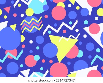 Memphis seamless pattern with geometric shapes in 80s style. Multicolored geometric shapes. Design of promotional products, wrapping paper, covers and printing. Vector illustration
