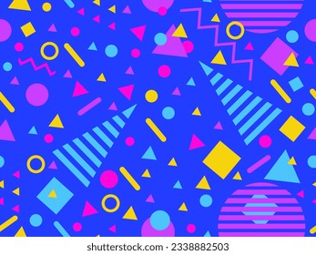 Patrón sin fisuras con formas geométricas en el estilo de los años 80. Formas geométricas multicolores. Diseño de productos promocionales, papel envolvente, cubiertas e impresión. Ilustración del vector