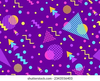 Passwortlose Muster mit geometrischen Formen im Stil der 80er Jahre. Farbiges geometrisches Muster. Design von Werbeprodukten, Verpackungspapier und Druck. Vektorgrafik