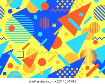 Memphis seamless pattern with geometric shapes in 80s style. Multicolored geometric shapes. Design of promotional products, wrapping paper, covers and printing. Vector illustration