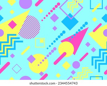 Patrón sin fisuras con formas geométricas en el estilo de los años 80. Patrón geométrico colorido. Diseño de productos promocionales, papel envolvente e impresión. Ilustración del vector