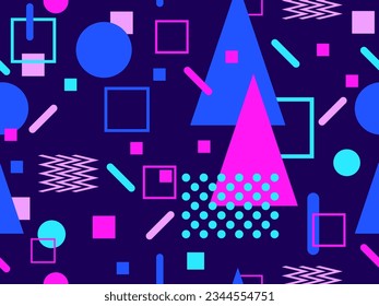 Passwortlose Muster mit geometrischen Formen im Stil der 80er Jahre. Farbiges geometrisches Muster. Design von Werbeprodukten, Verpackungspapier und Druck. Vektorgrafik