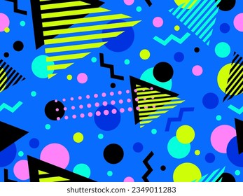 Patrón sin fisuras con formas geométricas en el estilo de los años 80. Resumen de diseño de fondo colorido para folletos, pancartas y artículos promocionales. Ilustración del vector