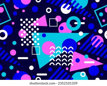 Patrón sin fisuras con formas geométricas en el estilo de los años 80. Resumen de diseño de fondo colorido para folletos, pancartas y artículos promocionales. Ilustración del vector