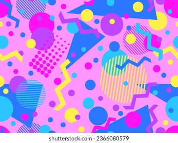 Memphis seamless pattern with geometric shapes in 80s style. Colorful geometric pattern. Design of promotional products, wrapping paper and printing. Vector illustration