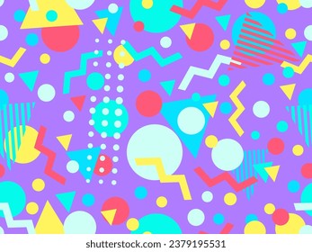 Patrón sin fisuras con formas geométricas en los años 80 y 90. Formas geométricas de diferentes formas y colores. Diseño de productos promocionales, papel envolvente e impresión. Ilustración del vector