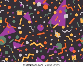 Patrón sin fisuras con formas geométricas en los años 80 y 90. Formas geométricas de diferentes formas y colores. Diseño de productos promocionales, papel envolvente e impresión. Ilustración del vector