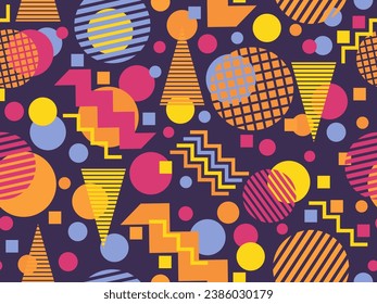 Das durchgängige Muster mit geometrischen Formen im Stil der 80er und 90er Jahre. Geometrische Formen verschiedener Formen und Farben. Design von Werbeprodukten, Verpackungspapier und Druck. Vektorgrafik