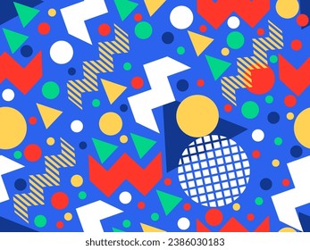 Memphis seamless pattern with geometric shapes in 80s and 90s style. Geometric shapes of different shapes and colors. Design of promotional products, wrapping paper and printing. Vector illustration