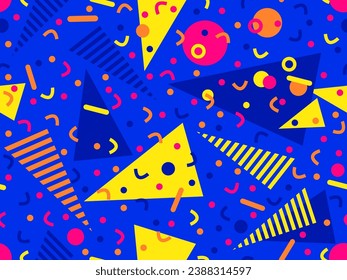 Memphis seamless pattern with geometric shapes in 80s and 90s style. Geometric shapes of different shapes and colors. Design of promotional products, wrapping paper and printing. Vector illustration