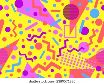 Memphis seamless pattern with geometric shapes in 80s style. Colorful geometric pattern. Design of promotional products, wrapping paper and printing. Vector illustration