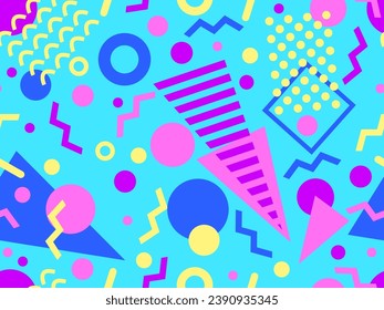 Memphis seamless pattern with geometric shapes in 80s style. Colorful geometric pattern. Design of promotional products, wrapping paper and printing. Vector illustration