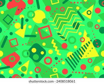 Memphis seamless pattern with geometric shapes in 80s and 90s style. Geometric shapes of different shapes and colors. Design of promotional products, wrapping paper and printing. Vector illustration