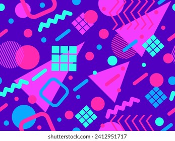 Patrón sin fisuras con formas geométricas en los años 80 y 90. Formas geométricas de diferentes formas y colores. Diseño de productos promocionales, papel envolvente e impresión. Ilustración del vector
