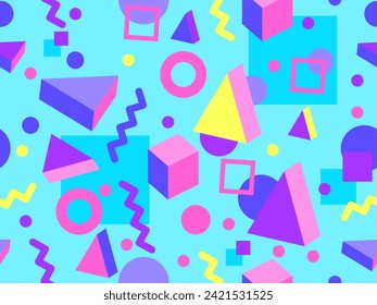 Memphis seamless pattern with geometric shapes in 80s and 90s style. Geometric shapes of different shapes and colors. Design of promotional products, wrapping paper and printing. Vector illustration