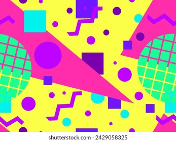 Patrón sin fisuras de Memphis con formas geométricas en estilo de los años 80 y 90. Formas geométricas de diferentes formas y colores. Diseño de productos promocionales, papel de embalaje e impresión. Ilustración de vector