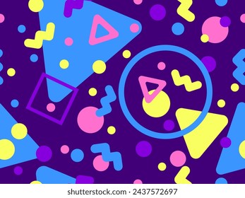 Memphis seamless pattern with geometric shapes in 80s and 90s style. Geometric shapes of different shapes and colors. Design of promotional products, wrapping paper and printing. Vector illustration