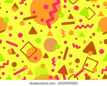 Memphis seamless pattern with geometric shapes in 80s and 90s style. Geometric shapes of different shapes and colors. Design of promotional products, wrapping paper and printing. Vector illustration