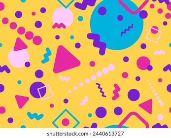 Patrón sin fisuras de Memphis con formas geométricas en estilo de los años 80 y 90. Formas geométricas de diferentes formas y colores. Diseño de productos promocionales, papel de embalaje e impresión. Ilustración de vector