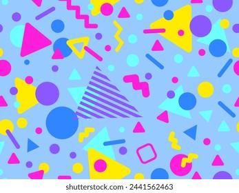 Patrón sin fisuras de Memphis con formas geométricas en estilo de los años 80 y 90. Formas geométricas de diferentes formas y colores. Diseño de productos promocionales, papel de embalaje e impresión. Ilustración de vector