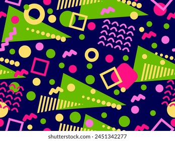Patrón sin fisuras de Memphis con Formas geométricas en estilo de los años 80 y 90. Formas geométricas de diferentes Formas y colores. Diseño de productos promocionales, papel de embalaje e impresión. Ilustración vectorial