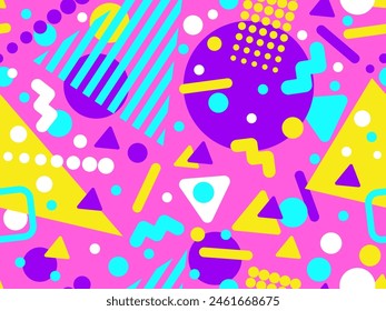 Patrón sin fisuras de Memphis con Formas geométricas en estilo de los años 80 y 90. Formas geométricas de diferentes Formas y colores. Diseño de productos promocionales, papel de embalaje e impresión. Ilustración vectorial