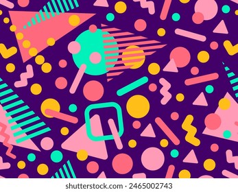 Memphis seamless pattern with geometric shapes in 80s and 90s style. Geometric shapes of different shapes and colors. Design of promotional products, wrapping paper and printing. Vector illustration