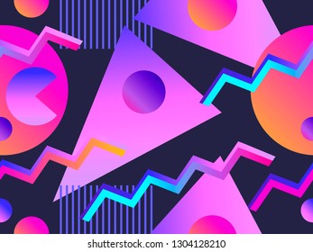 Memphis seamless pattern with gradient shape in the style of 80s. Synthwave, futurism background. Retrowave. Vector illustration