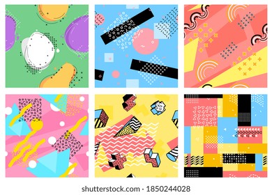 Memphis seamless pattern. Hipster postcards, fashion pop art elements design. Children fun print, 80s color graphic vector seamless texture