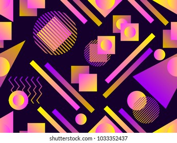 Memphis seamless pattern. Holographic geometric shapes, gradients, retro style of the 80s. Memphis design background. Vector illustration
