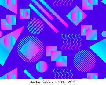 Memphis seamless pattern. Holographic geometric shapes, gradients, retro style of the 80s. Memphis design background. Vector illustration