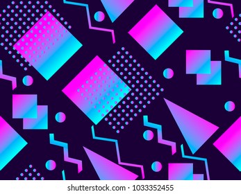 Memphis seamless pattern. Holographic geometric shapes, gradients, retro style of the 80s. Memphis design background. Vector illustration