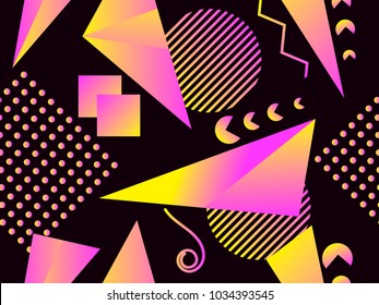 Memphis seamless pattern. Holographic geometric shapes, gradients, retro style of the 80s. Memphis design background. Vector illustration