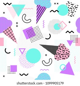 Memphis seamless pattern with ice cream cone and geometric different shapes colorful 80's-90's style. Vector Illustration