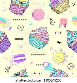 Memphis seamless pattern with macaron and cupcake on cream background. Vector Illustration