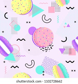 Memphis seamless pattern with macaron and geometric different shapes colorful 80's-90's style. Vector Illustration