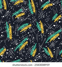 Memphis Seamless Pattern. Modern Abstract Print. Multicolored Elements on Black Background. Sample can be used for Fabric, Cover, Wrapping Paper. Vector Illustration