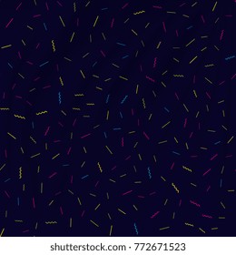 Memphis seamless pattern on dark background. Colorful geometric seamless pattern different shapes color style. Vector Illustration.