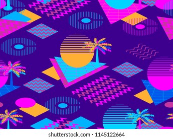 Memphis seamless pattern with palm tree. Geometric elements memphis in the style of 80s. Synthwave futuristic background. Retrowave. Vector illustration