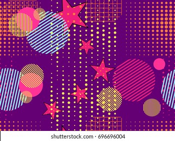 Memphis seamless pattern. Pop art dotted and geometric elements memphis in the style of 80's. Vector illustration