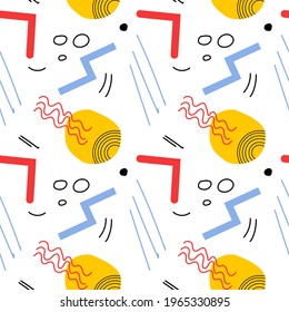 Memphis seamless pattern . Retro background with different color figures for poster or print. Memphis background with figures of different forms and colors for your design. Vector texture.