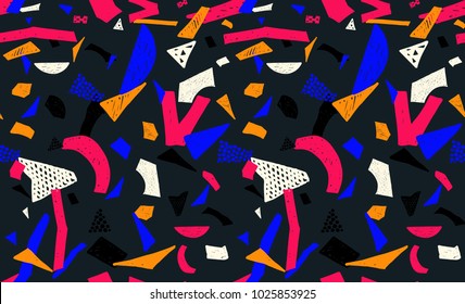 Memphis seamless pattern in retro style. Doodle pattern hand-drawn pen, ink, chalk. Wallpapers scattered cutting elements.